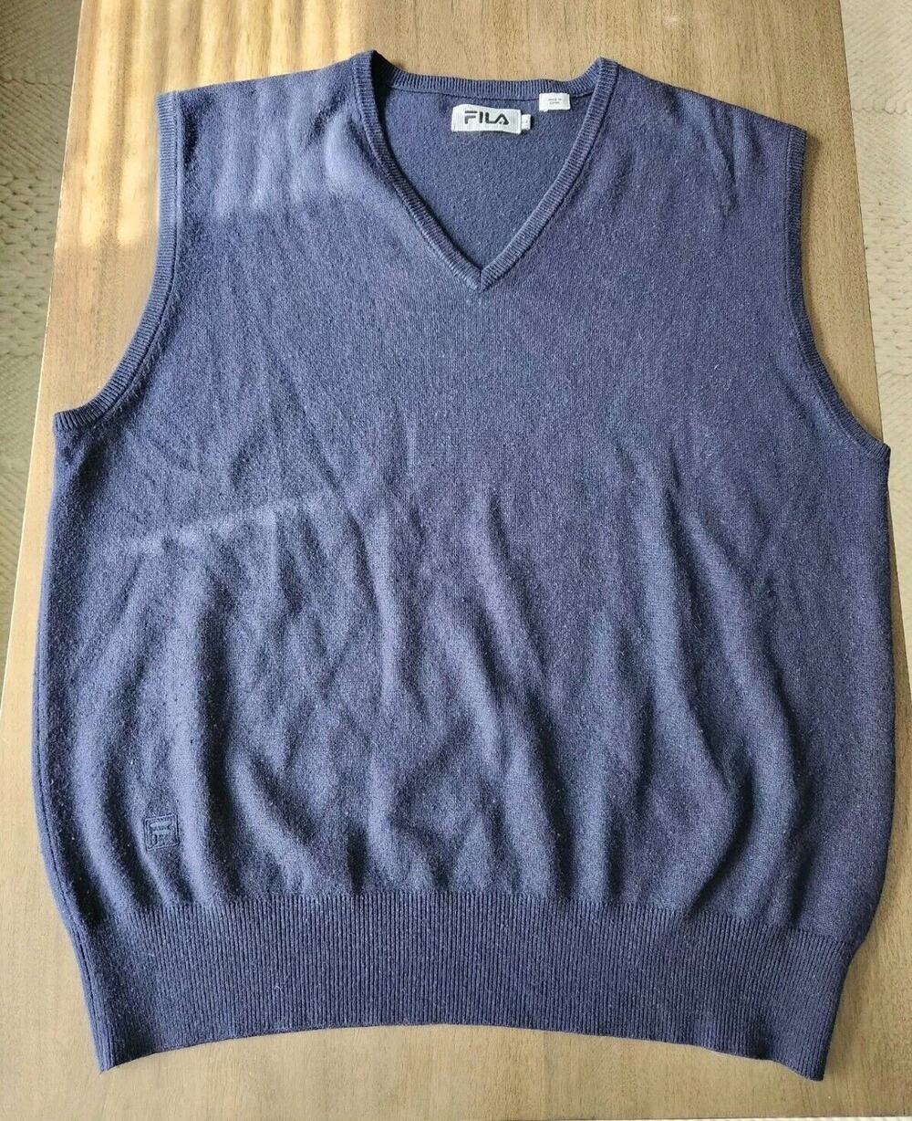 FILA Silk Cashmere Blend Sweater Vest Men L Navy V Neck Super Soft EUC